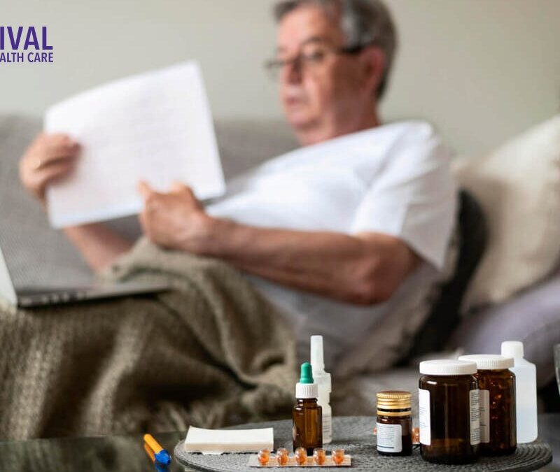 Medium shot blurry ill man on couch